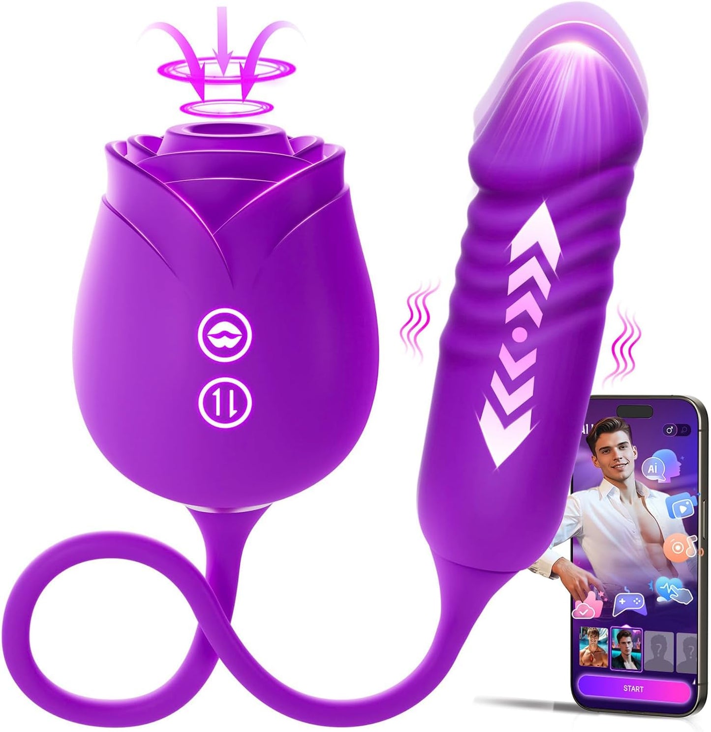 🌹 APP-Control Rose Vibrator  📱 Smart APP Control-Powerful Clitoral Suction-G-Spot Thrusting Stimulation-10 Exciting Modes